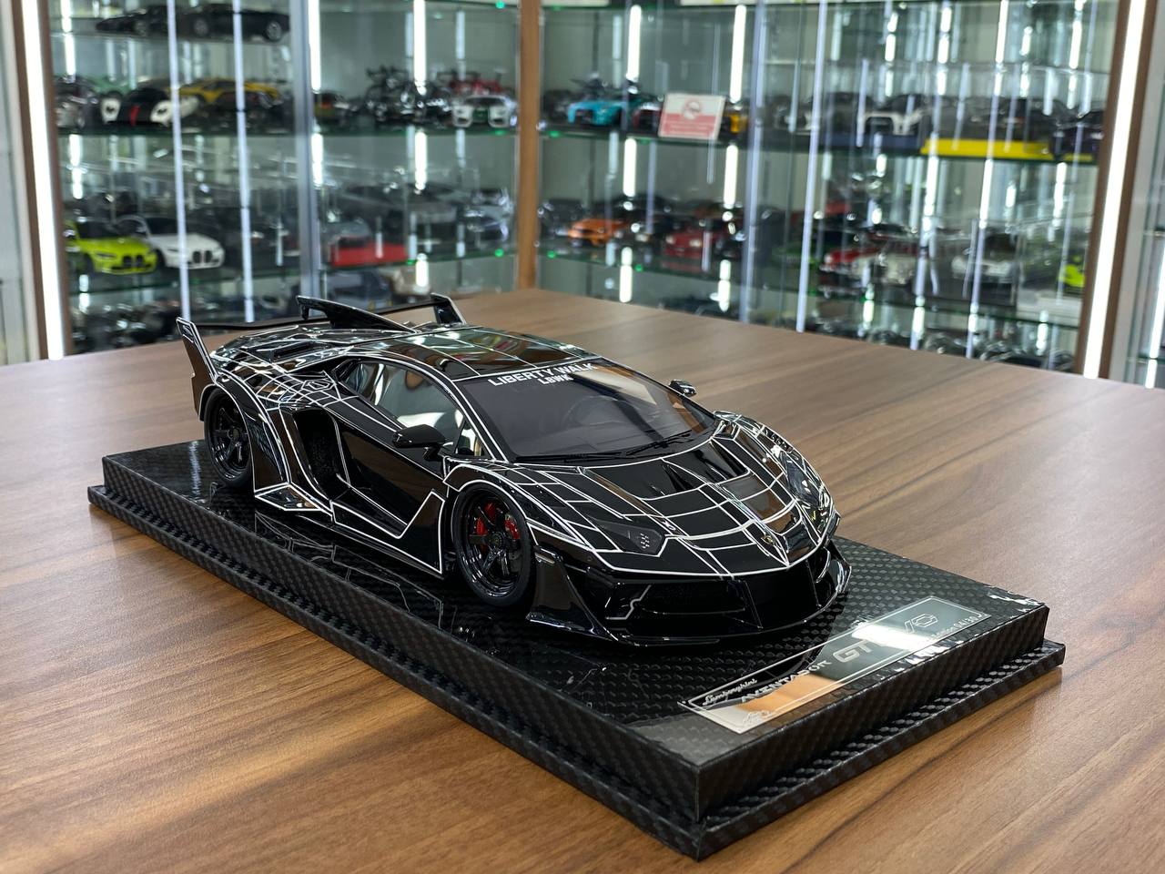 Lamborghini Aventador GT EVO LBWK, VIP Models resin model, 1:18 scale Liberty Walk replica, Black Elephant Pattern Lamborghini, Dubai model car store, UAE resin collectibles, GCC Lamborghini collectors, limited edition resin display, widebody exotic model
