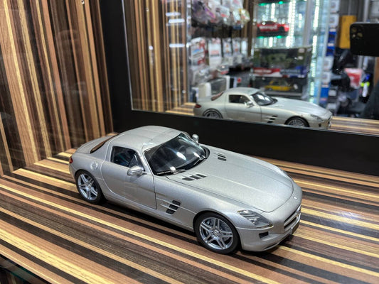 Minichamps Mercedes-Benz SLS - 1/18 Diecast Model, All Opening - Matt Silver| sold in Dturman.com Dubai UAE.