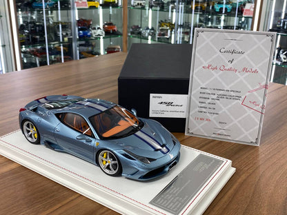 1/18 Resin – Ferrari 458 Speciale | Davis & Giovanni | Azzurro California with Silver / Blue Stripe