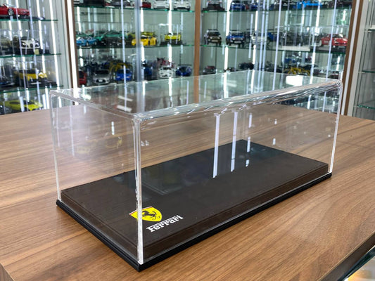 1:18 Acrylic Display Case – Black Leather Base with Ferrari Logo Print