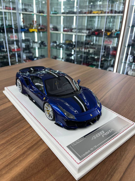 1/18 Resin Ferrari 488 Pista Metallic Blue with Black & White Stripe – Davis & Giovanni | Limited to 30 pcs