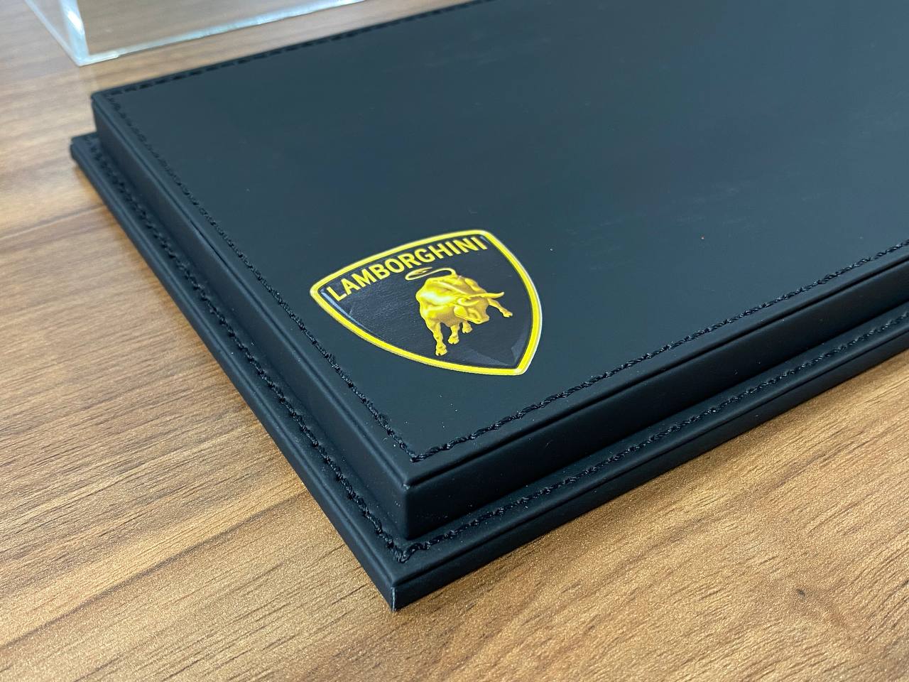 1:18 Acrylic Display Case – Black Leather Base with Lamborghini Logo Print
