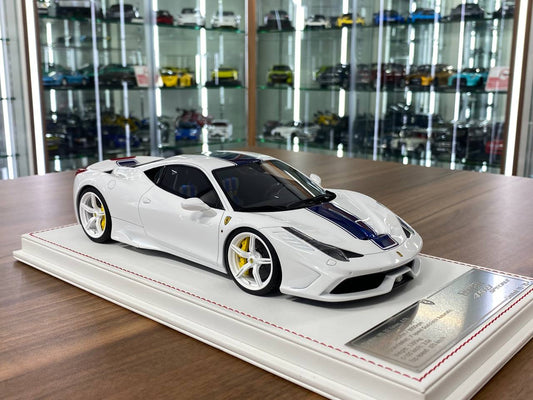 1/18 Resin – Dino Models Ferrari 458 Speciale) White with Metallic Blue Stripe  Limited Edition: 20 pcs