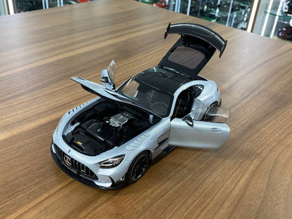 1/18 diecast Norev Dealer Edition Mercedes Benz AMG GT Black Series in high tech silver