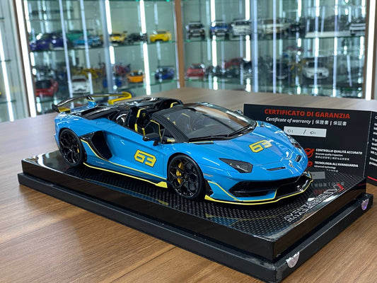 1:18 Resin Model – MR Collection Lamborghini Aventador Roadster SVJ #63 – Blue/Yellow – 1 of 1