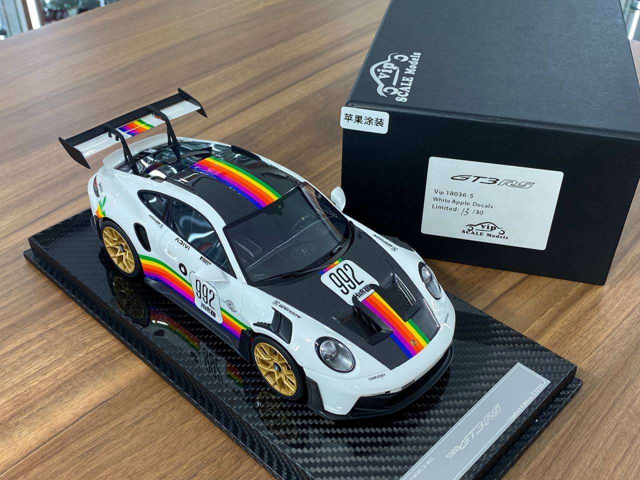 1/18 Resin Model – VIP Models Porsche 911 GT3 RS (992)  White with Apple Decal  Limited Edition: 30 pcs