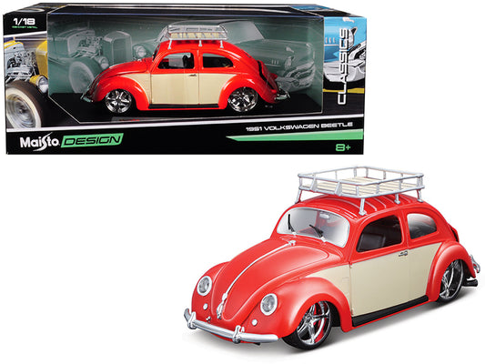 1951 Volkswagen Beetle with Roof Rack Orange Red "Classic Muscle" 1/18 Diecast Model Car by Maisto - dturman.com