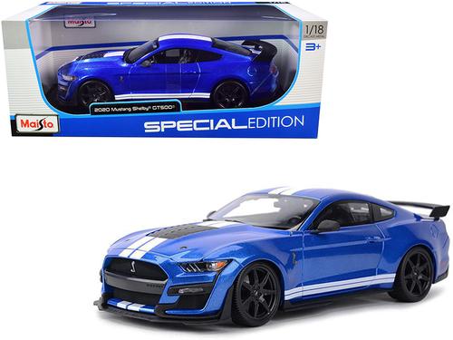 2020 Ford Mustang Shelby GT500 Blue Metallic with White Stripes "Special Edition" 1-18 Diecast Model Car by Maisto - dturman.com