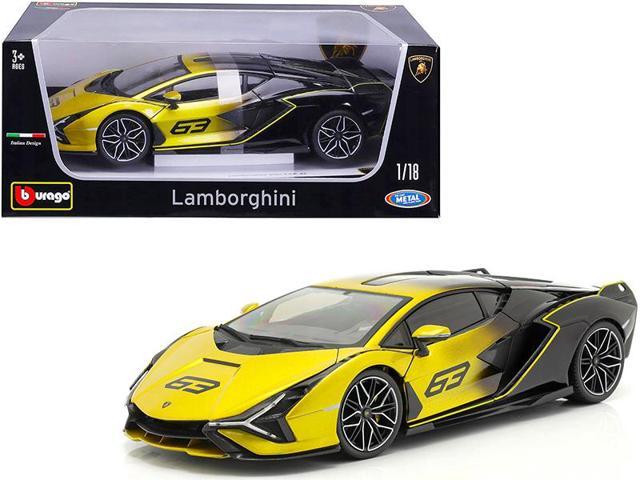 1/18 Diecast Lamborghini Sian FKP 37 Black and Yellow by Bburago Scale Model Car