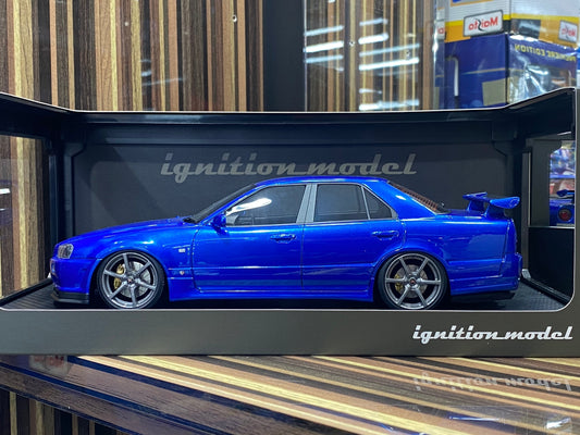 1/18 Diecast Nissan Skyline GT-R R34 4Doors Blue Ignition model Miniature Car