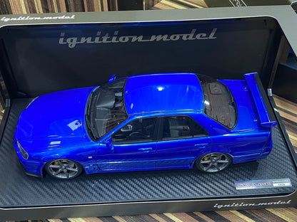 1/18 Diecast Nissan Skyline GT-R R34 4Doors Blue Ignition model Miniature Car